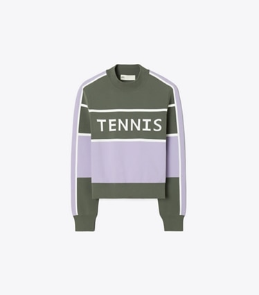 Tory Sport diseñador suéteres Suéter recortado de tenis de nailon Tech en Gray / Snow White / Lilac Whisper frente