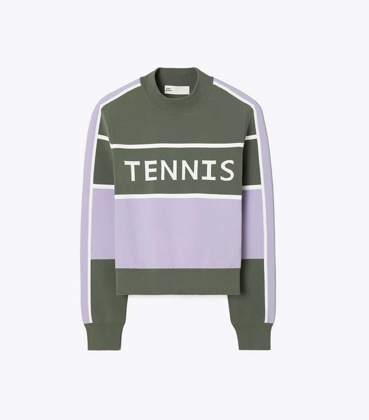 Tory Sport diseñador suéteres Suéter recortado de tenis de nailon Tech en Gray / Snow White / Lilac Whisper frente
