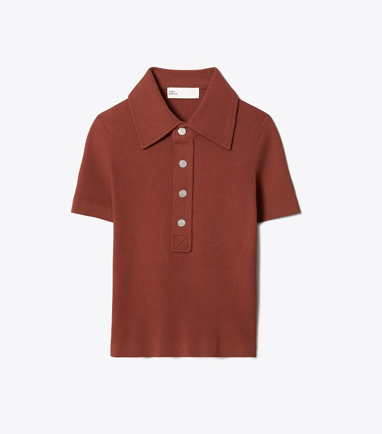 Tory Burch diseñador suéteres Suéter tipo polo acanalado de viscosa en Rich Manogany frente
