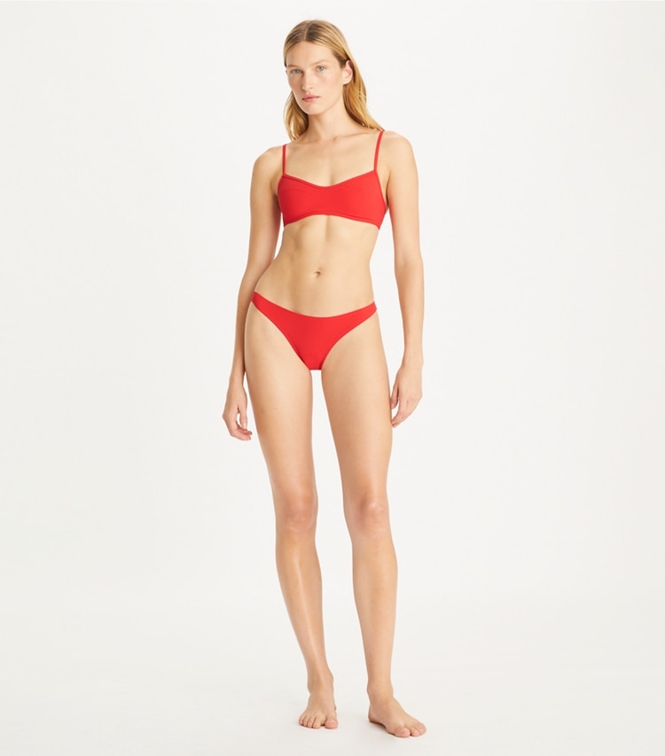 Tory Burch designer two pieces Sublime Bikini Bottom in Sublime Coral on model front