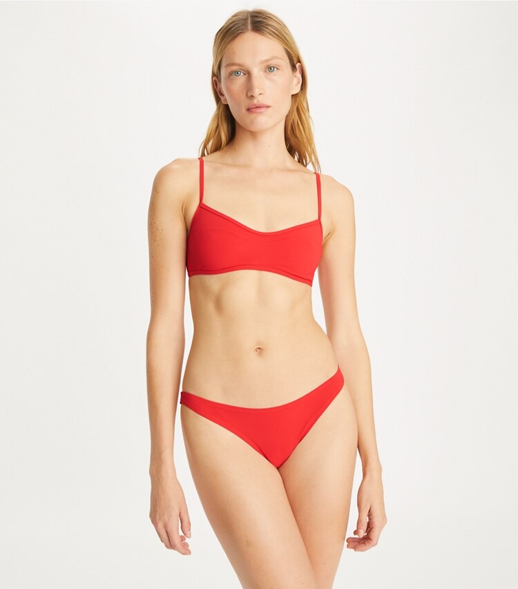 Tory Burch designer two pieces Sublime Bikini Top in Sublime Coral on model detail