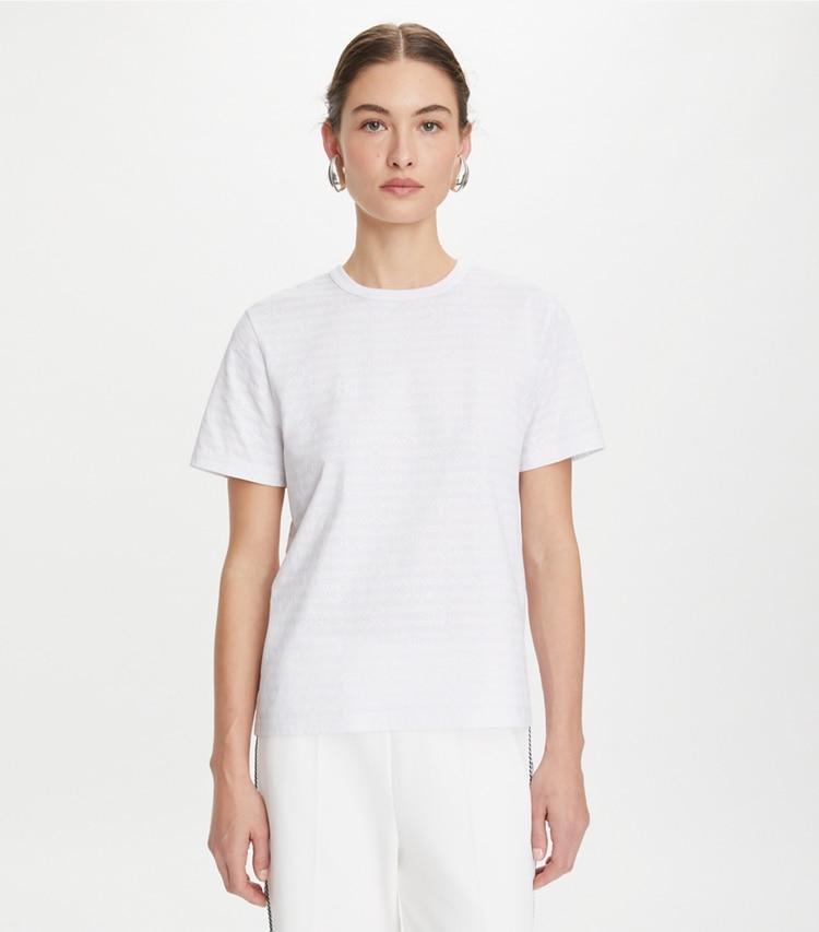 Tory Burch designer tops Sublime Cotton T-Shirt in White Sublime on model detail