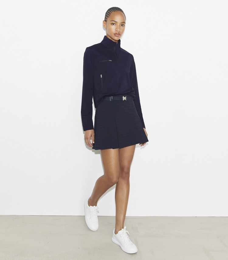 Tory Burch designer bottoms Sublime Jacquard Skirt in Deep Navy on model front