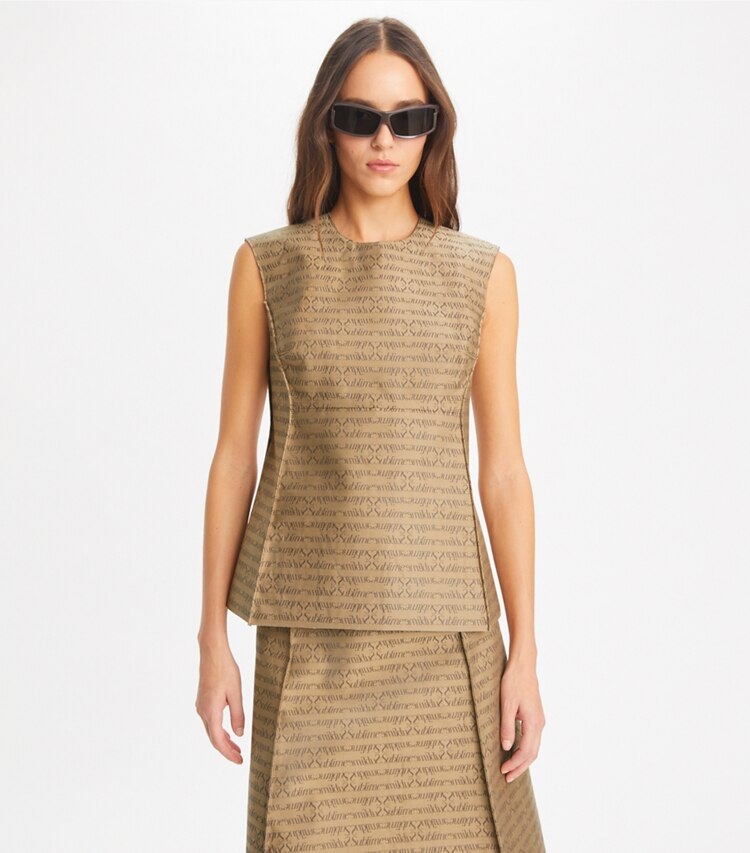 Tory Burch designer トップス サブライム ジャカード トップス in Beige Sublime on model detail