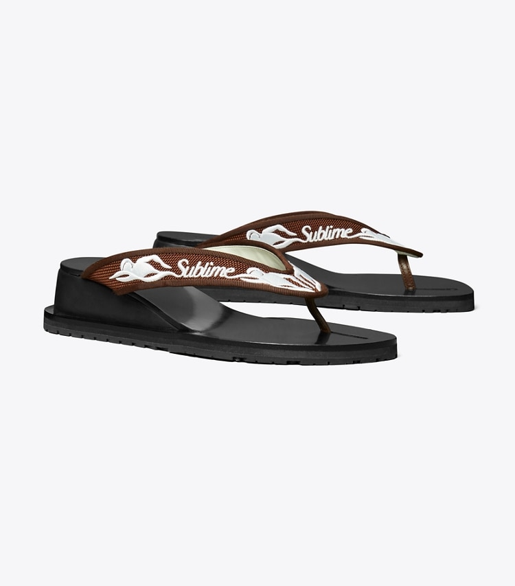 Tory Burch designer sandals Sublime Wedge Flip-Flop in SUBLIME SWIMMER / SPICED MOCHA / WHITE angle