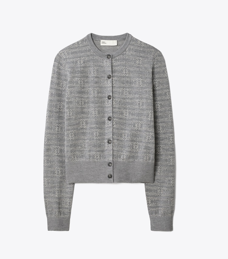 Tory Burch designer sweaters Sublime Wool Cardigan in Steel Slate Melange / Light Silver Gray front