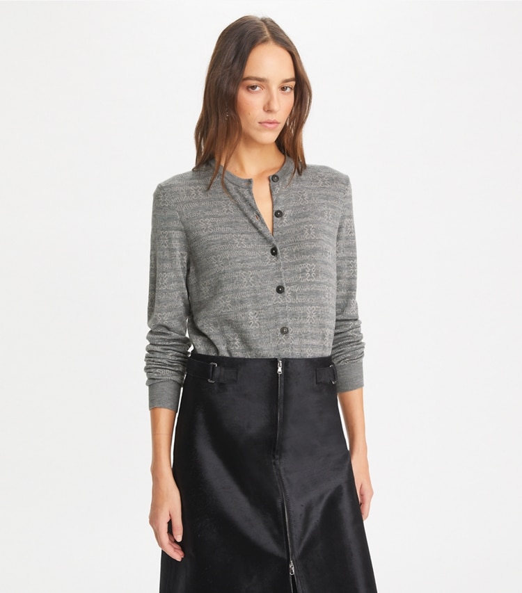 Tory Burch designer sweaters Sublime Wool Cardigan in Steel Slate Melange / Light Silver Gray on model detail
