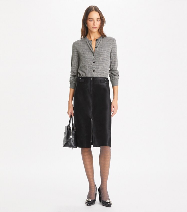 Tory Burch designer sweaters Sublime Wool Cardigan in Steel Slate Melange / Light Silver Gray on model front