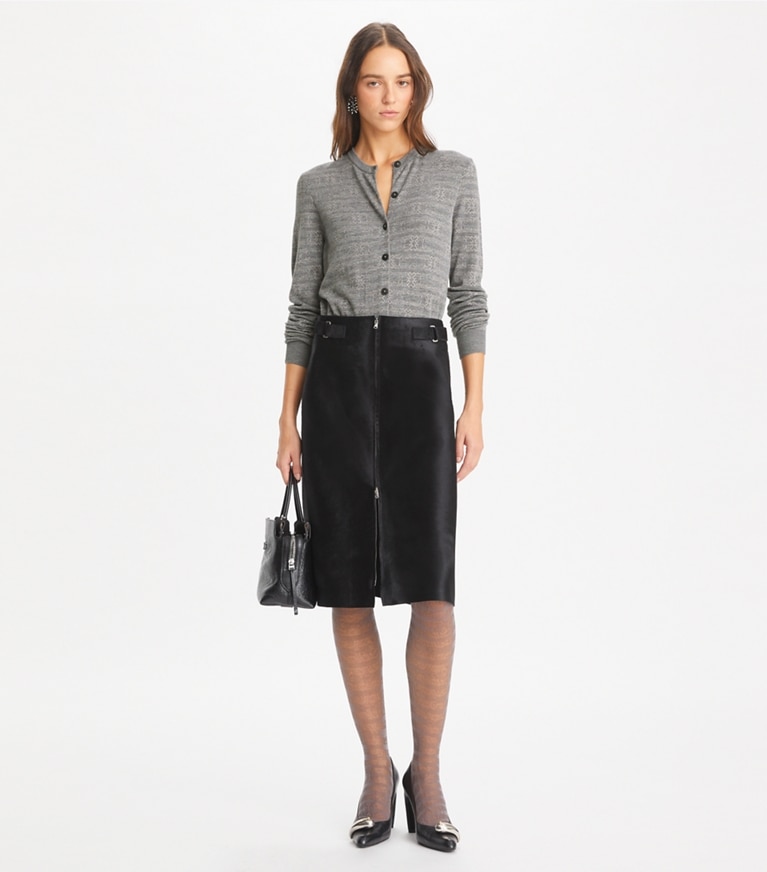 Tory Burch designer sweaters Sublime Wool Cardigan in Steel Slate Melange / Light Silver Gray front