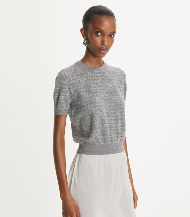 Tory Burch designer sweaters Sublime Wool Mockneck in Steel Slate Melange / Light Silver Gray front