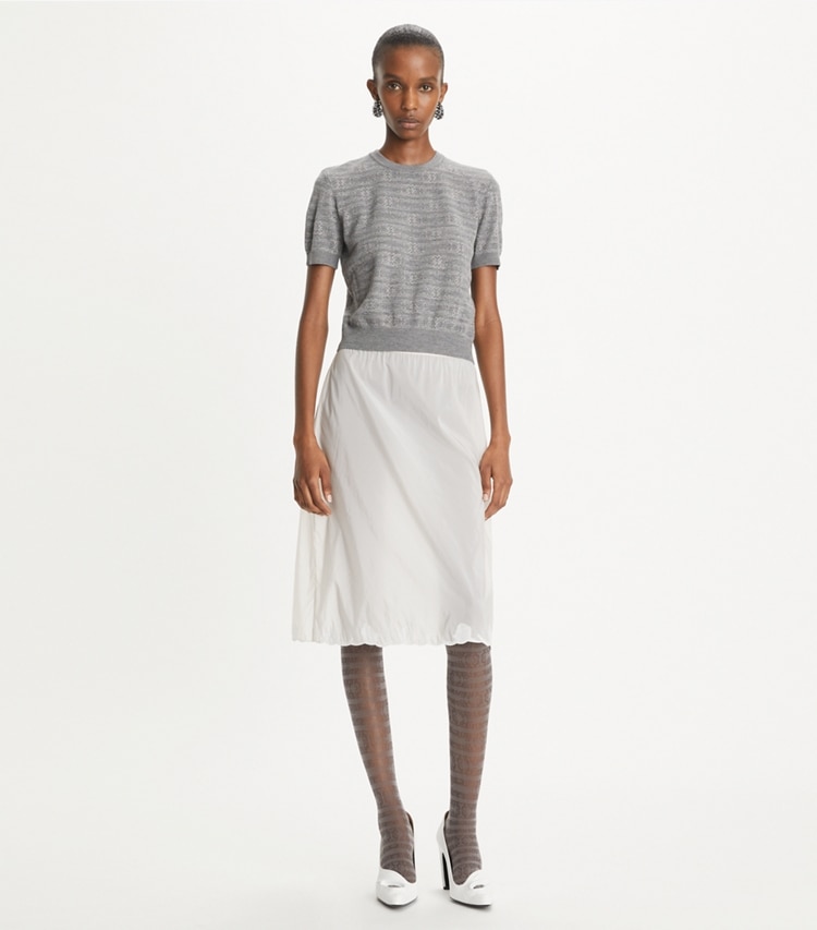 Tory Burch designer sweaters Sublime Wool Mockneck in Steel Slate Melange / Light Silver Gray on model front