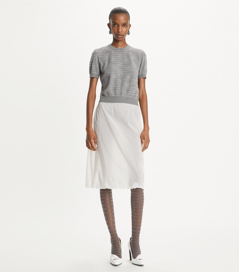 Tory Burch designer sweaters Sublime Wool Mockneck in Steel Slate Melange / Light Silver Gray front