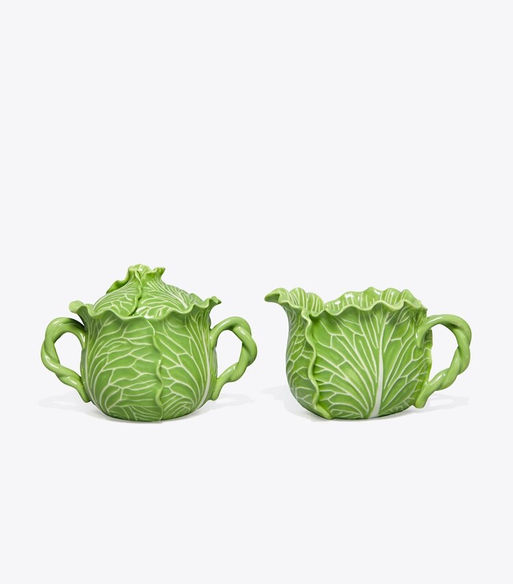 Tory Burch designer vaisselle Sucrier à couvercle & pot à lait collection Lettuce dans Green de face