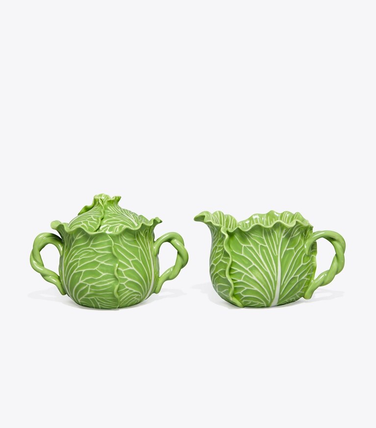 Tory Burch designer vaisselle Sucrier à couvercle & pot à lait collection Lettuce dans Green de face