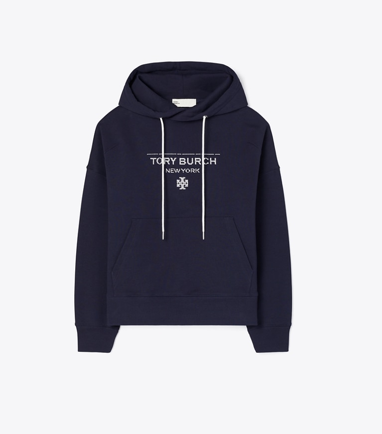 Tory Burch diseñador suéteres Sudadera con capucha de felpa francesa en Medium Navy frontal