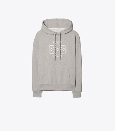 Tory Burch diseñador suéteres Sudadera con capucha de felpa francesa gruesa con logo en Medium Grey Heather frontal
