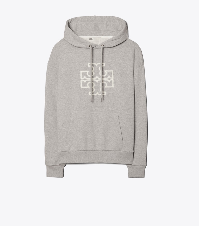 Tory Burch diseñador suéteres Sudadera con capucha de felpa francesa gruesa con logo en Medium Grey Heather frontal
