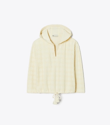 Tory Burch diseñador ropa de playa Sudadera con capucha de jacquard de felpa con logo en NEW IVORY frente