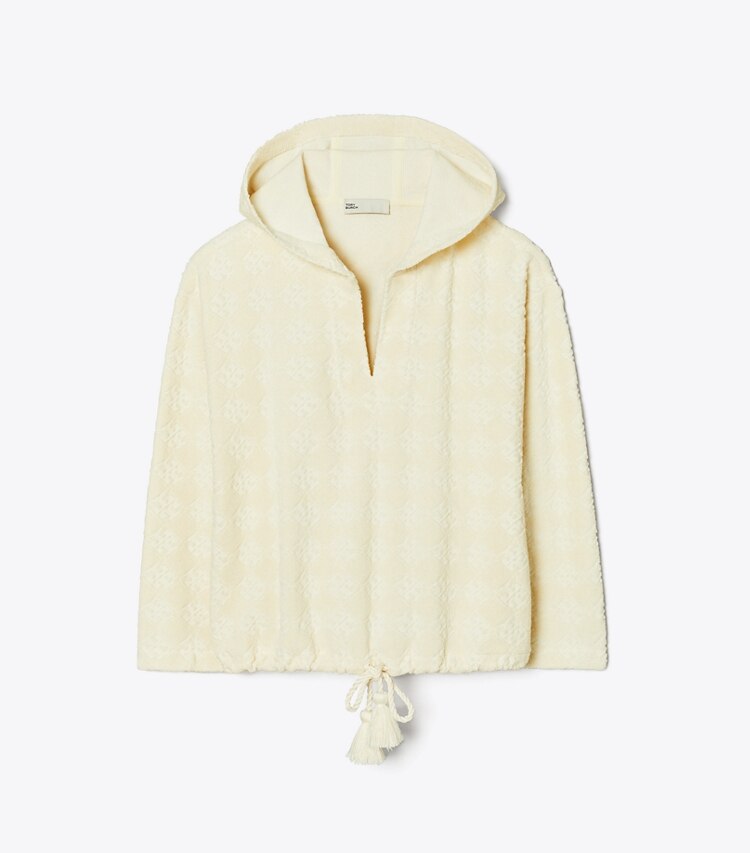 Tory Burch diseñador ropa de playa Sudadera con capucha de jacquard de felpa con logo en NEW IVORY frente
