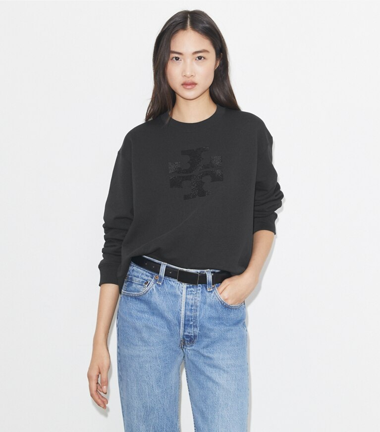 Tory Burch diseñador suéteres Sudadera con logotipo de cristales en Embellished Black detalle en modelo