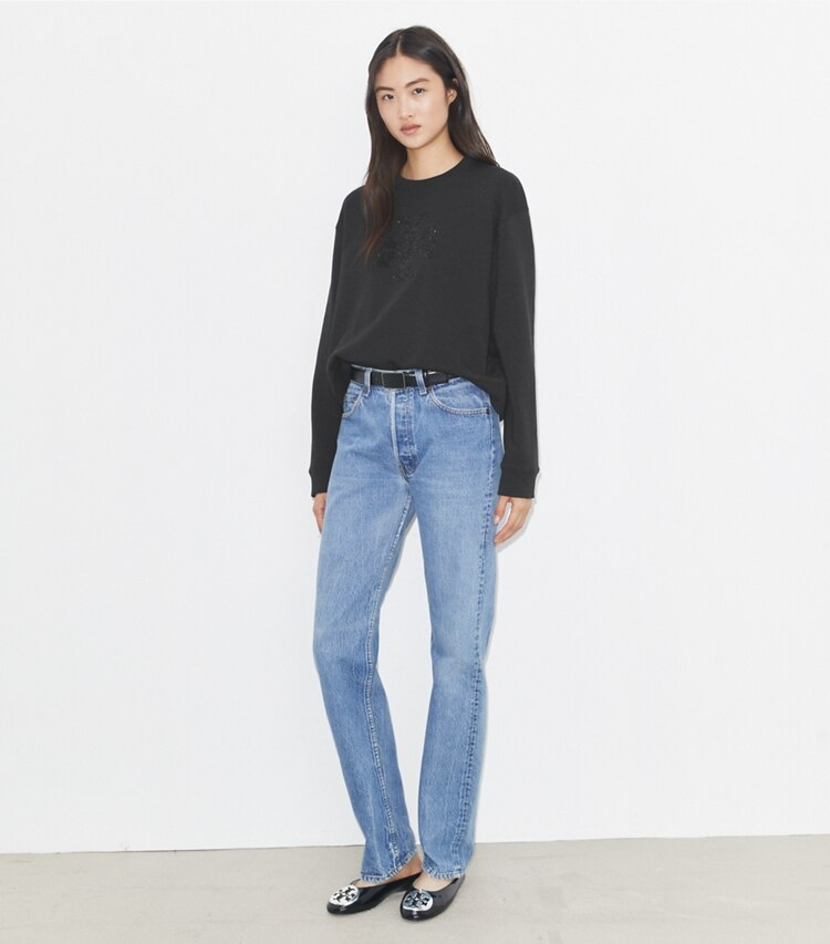 Tory Burch diseñador suéteres Sudadera con logotipo de cristales en Embellished Black frente en modelo