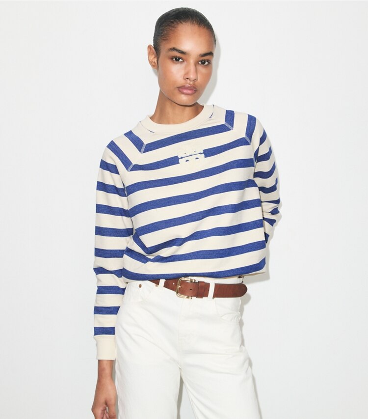 Tory Burch diseñador suéteres Sudadera de algodón a rayas en New Ivory Basin Stripe detalle en modelo