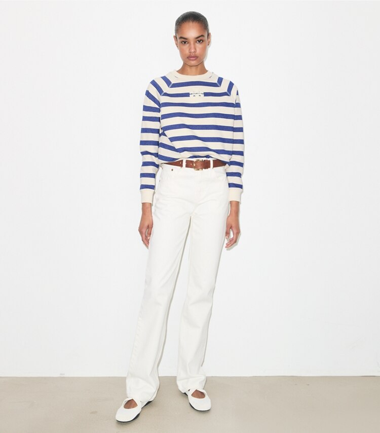 Tory Burch diseñador suéteres Sudadera de algodón a rayas en New Ivory Basin Stripe frente en modelo