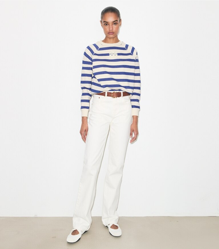 Tory Burch diseñador suéteres Sudadera de algodón a rayas en New Ivory Basin Stripe frente en modelo
