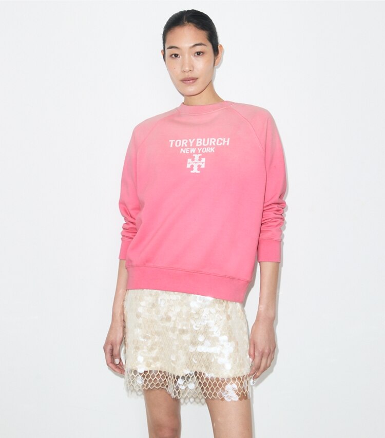 Tory Burch diseñador suéteres Sudadera de algodón desgastada en Vivid Bubblegum detalle en modelo