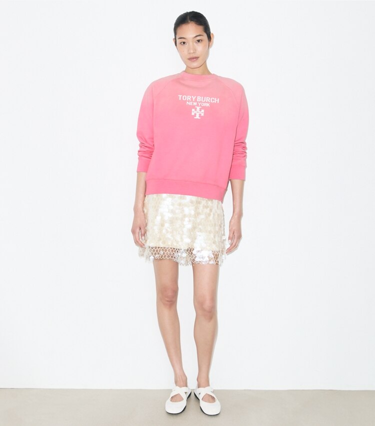 Tory Burch diseñador suéteres Sudadera de algodón desgastada en Vivid Bubblegum frente en modelo