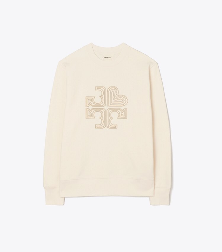 Tory Burch diseñador suéteres Sudadera de cuello redondo de felpa francesa gruesa con logotipo de corazón en Ivory Pearl frente