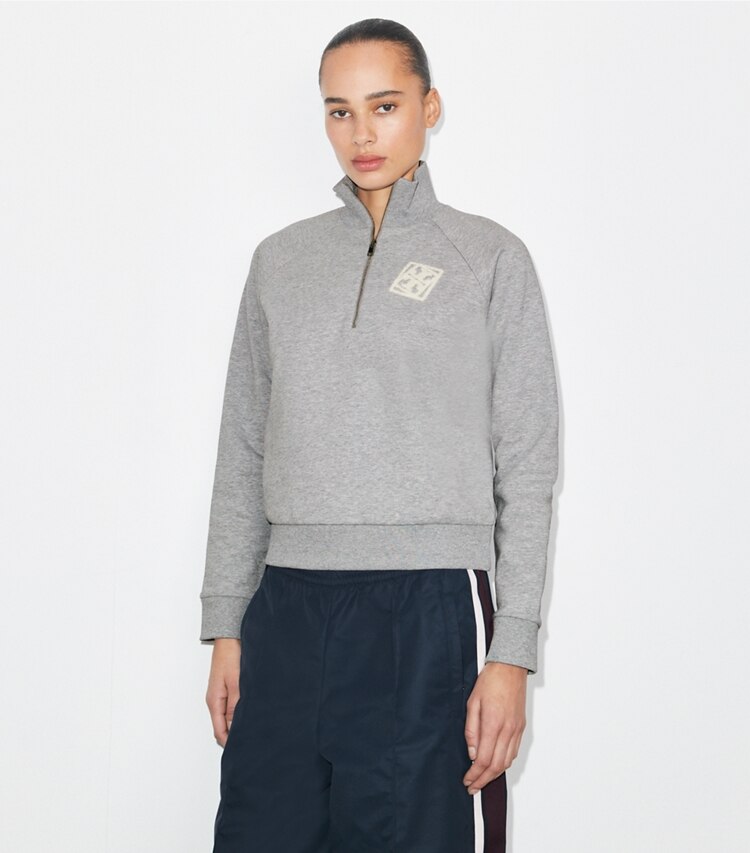 Tory Burch diseñador suéteres Sudadera de felpa francesa bordada en Medium Heather Gray detalle en modelo