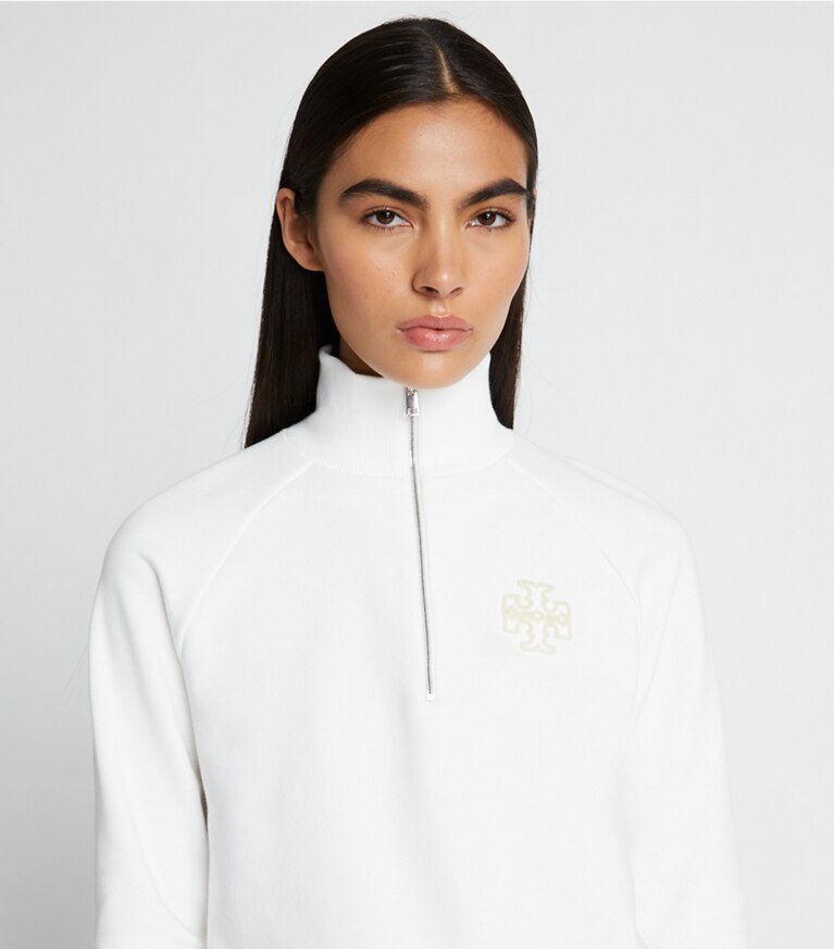 Tory Burch diseñador suéteres Sudadera de felpa francesa pesada con media cremallera en Snow White detalle en modelo