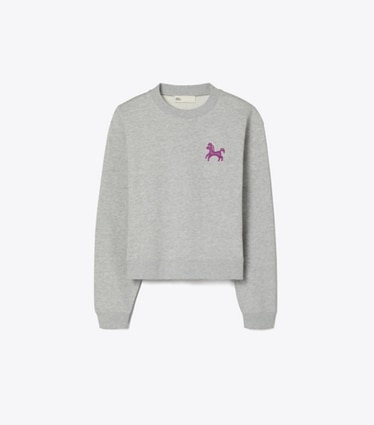 Tory Burch diseñador suéteres Sudadera de felpa francesa Pony en Gray / Magenta frente