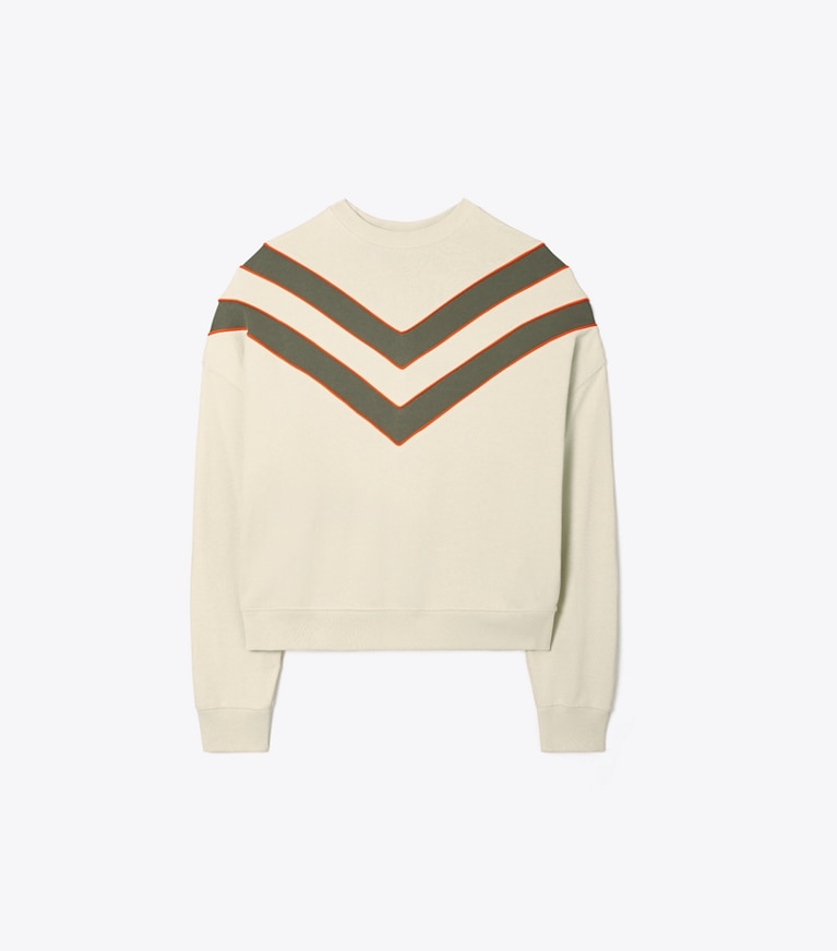 Tory Sport diseñador suéteres Sudadera de rizo francés con cuello redondo en chevrón en Sesame frontal