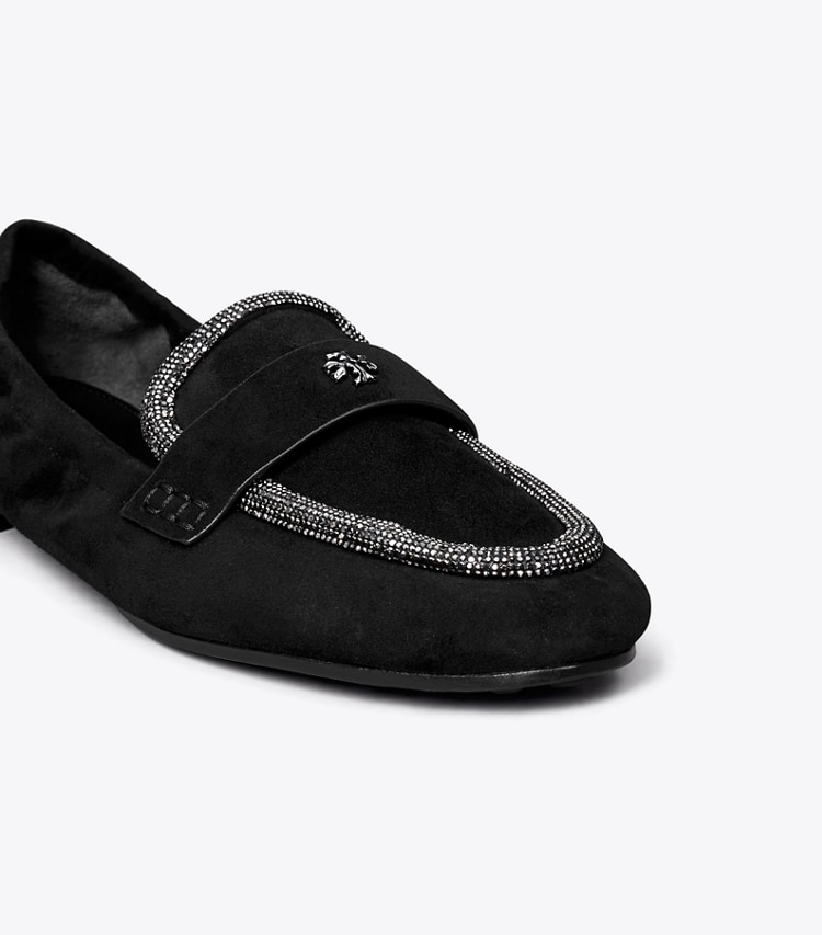 Tory Burch designer flats Suede Ballet Loafer in PERFECT BLACK / CRYSTAL detail