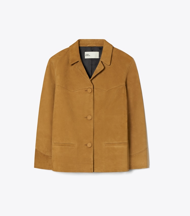 Tory Burch designer jackets Suede Blazer in Hazelnut Suede front