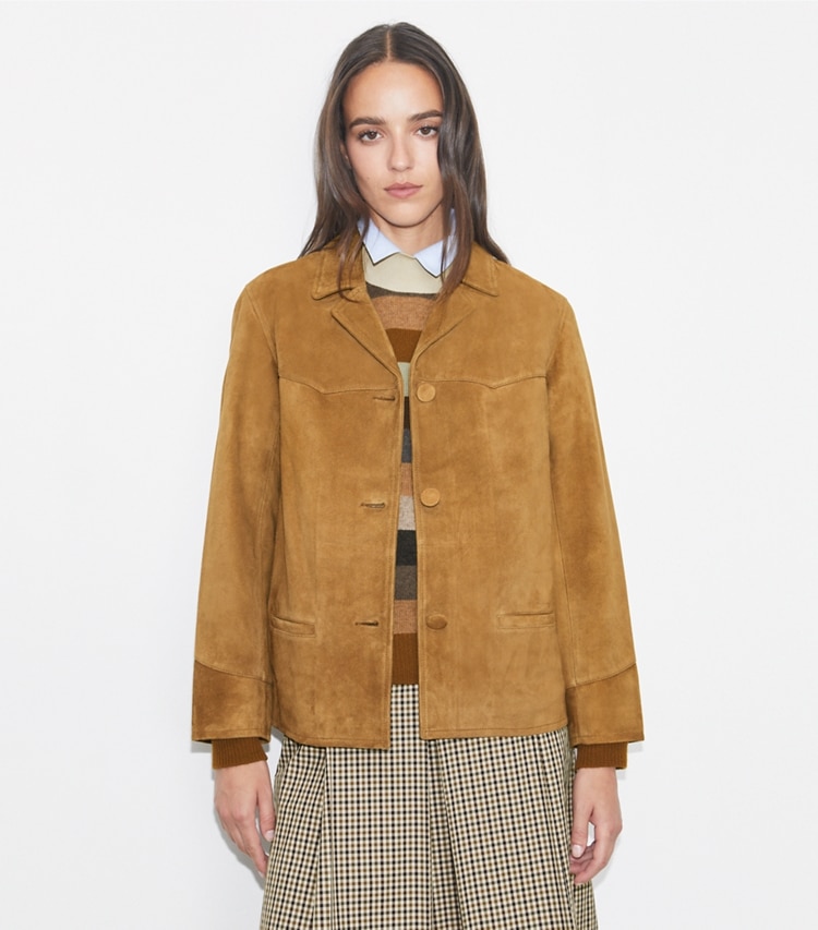 Tory Burch designer jackets Suede Blazer in Hazelnut Suede on model detail