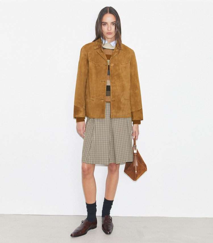 Tory Burch designer jackets Suede Blazer in Hazelnut Suede on model front