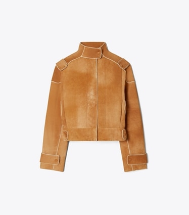 Tory Burch designer jackets Suede Bomber Jacket in Speckled Cinnamon front