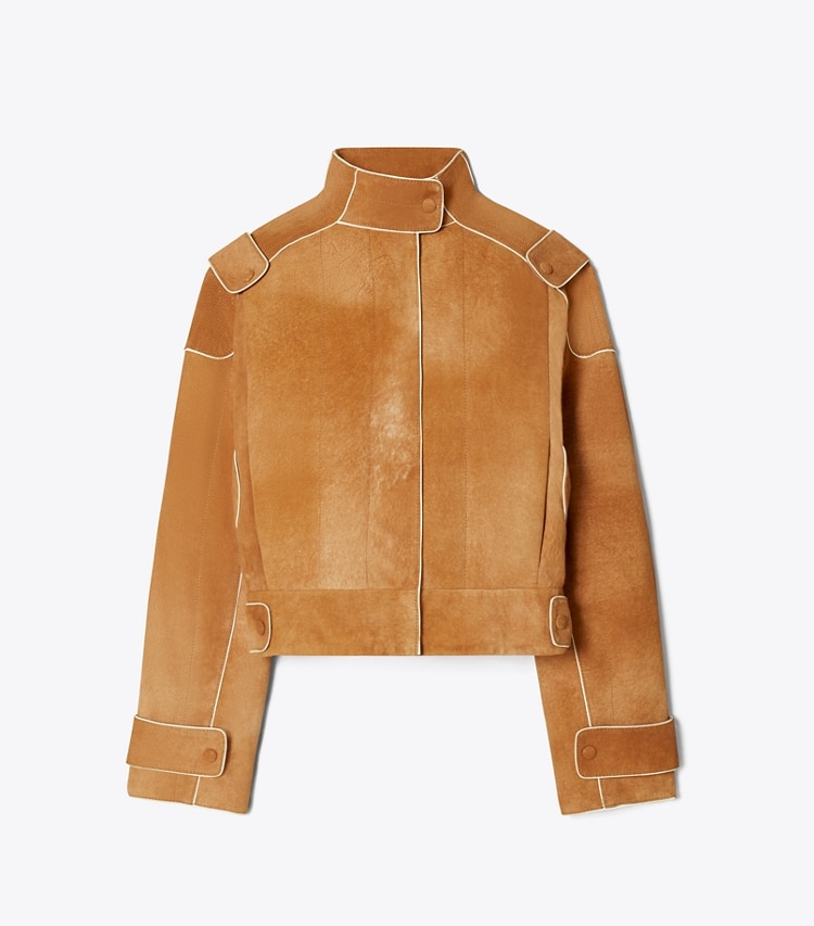 Tory Burch designer jackets Suede Bomber Jacket in Speckled Cinnamon front