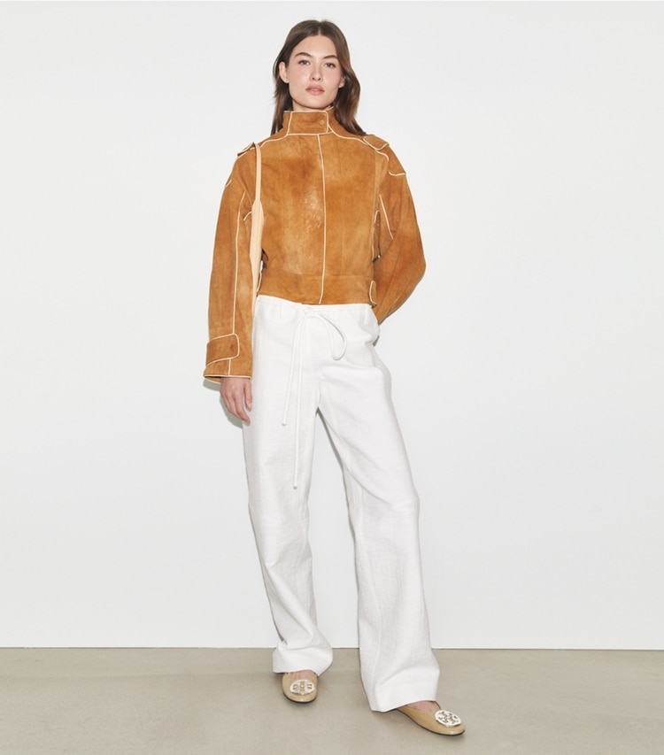 Tory Burch designer jackets Suede Bomber Jacket in Speckled Cinnamon on model front