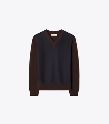 Tory Burch designer sweaters Suede Front Wool Sweater in Classic Brown front