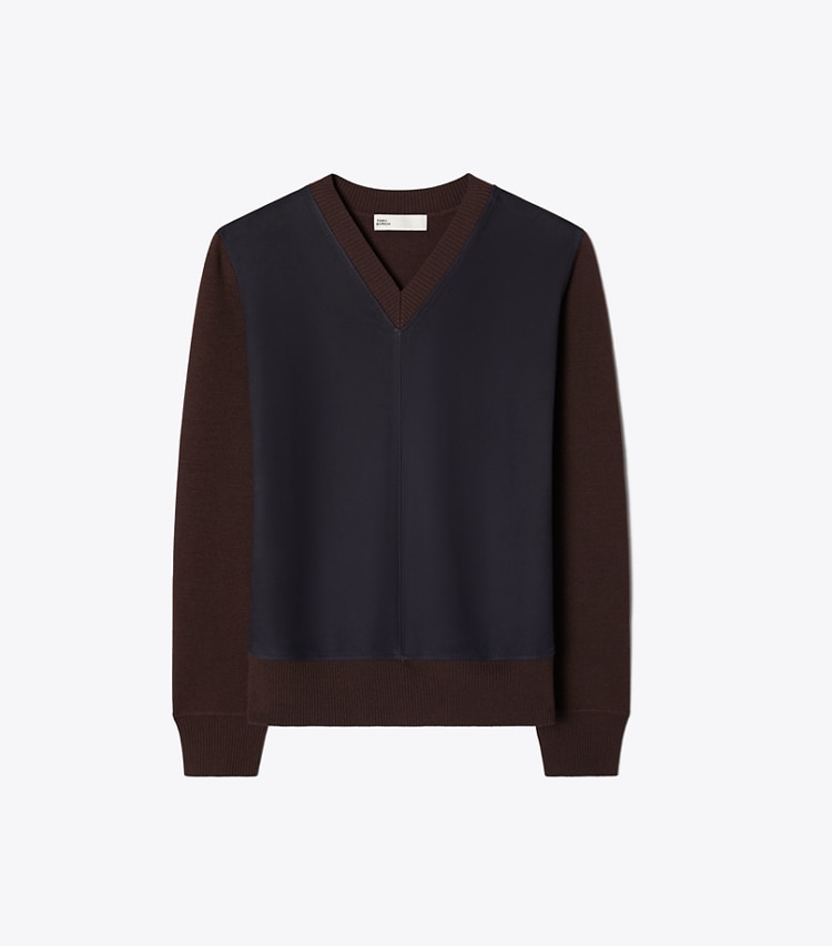 Tory Burch designer sweaters Suede Front Wool Sweater in Classic Brown front