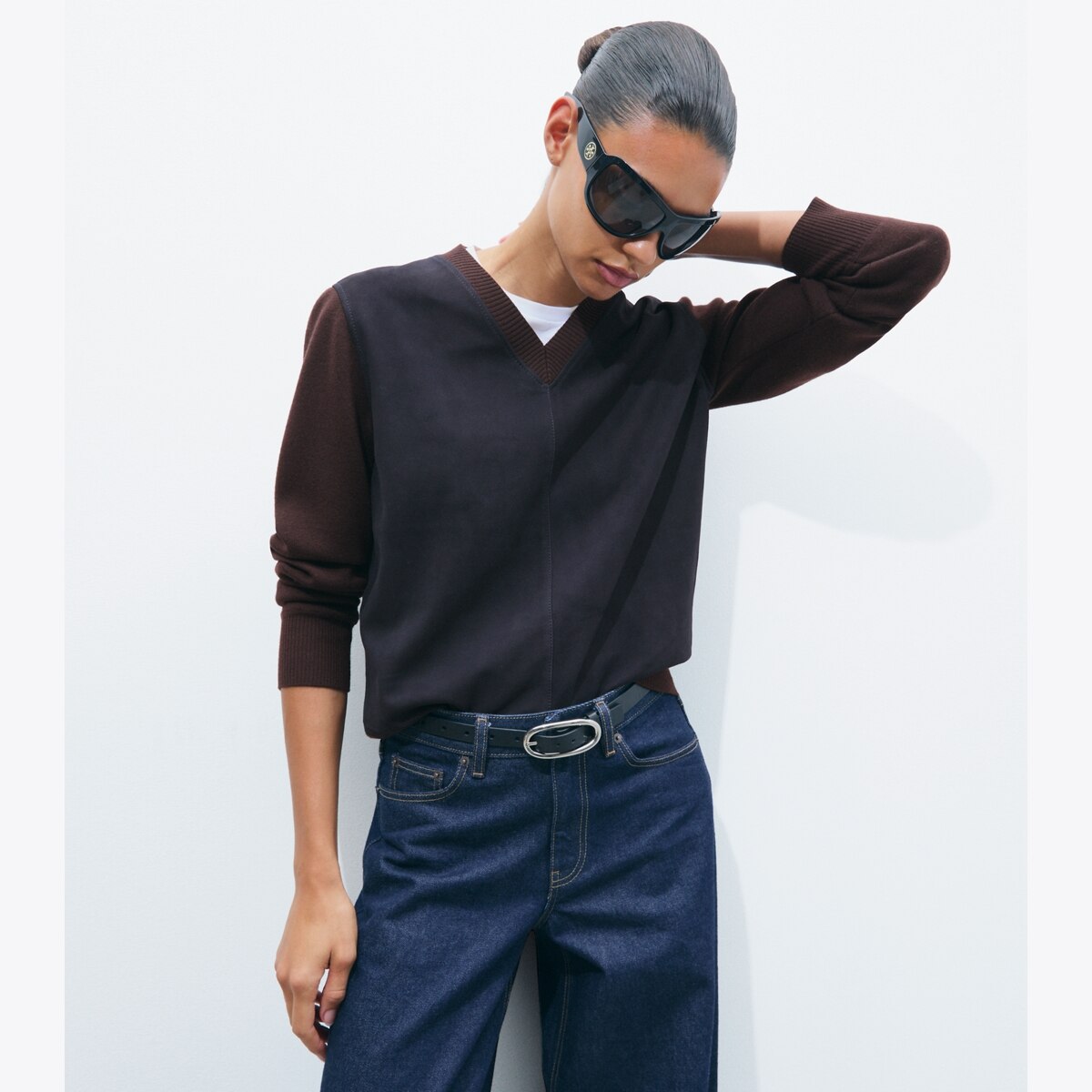 SUEDE FRONT WOOL SWEATER - thumbnail 2