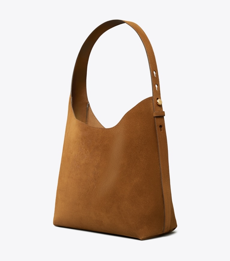 Tory Burch designer hobo bags Suede Hobo Bag in Caramel angle