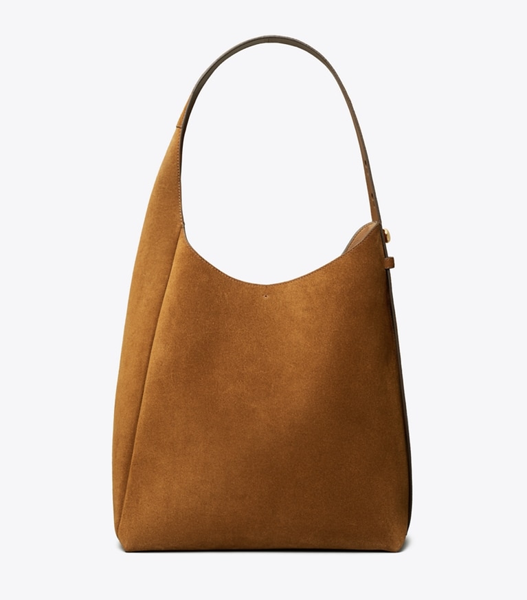 Tory Burch designer hobo bags Suede Hobo Bag in Caramel angle