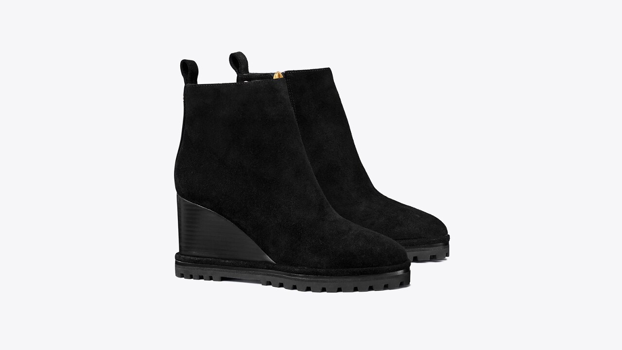 Suede Logo Lug Sole Wedge Boot Women s Designer Ankle Boots