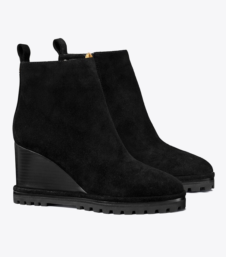 Tory Burch designer ankle boots Suede Logo Lug Sole Wedge Boot in PERFECT BLACK / PERFECT BLACK angle