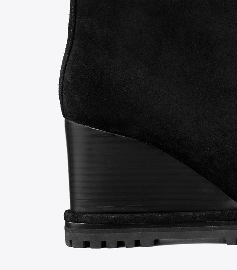 Tory Burch designer ankle boots Suede Logo Lug Sole Wedge Boot in PERFECT BLACK / PERFECT BLACK angle